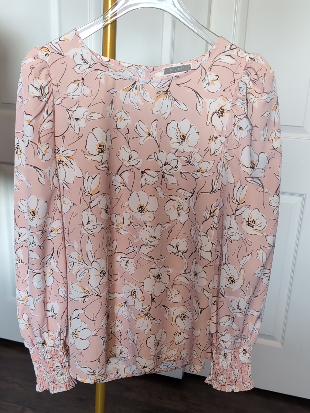 Pleione Blush Pink Floral Tulip Puff-Sleeve Blouse